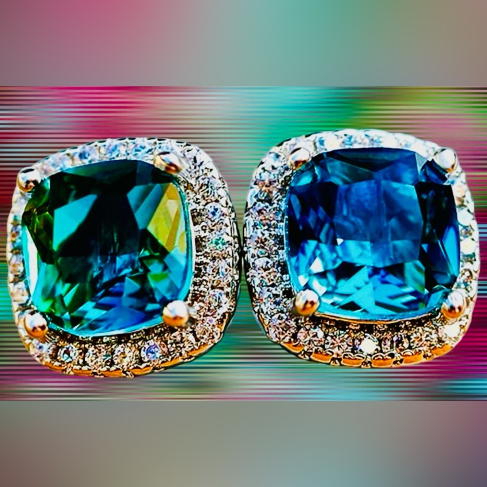 Blue Green Topaz 925 Sterling Cushion Stud Earrings CZ Halo - Picture 2 of 11